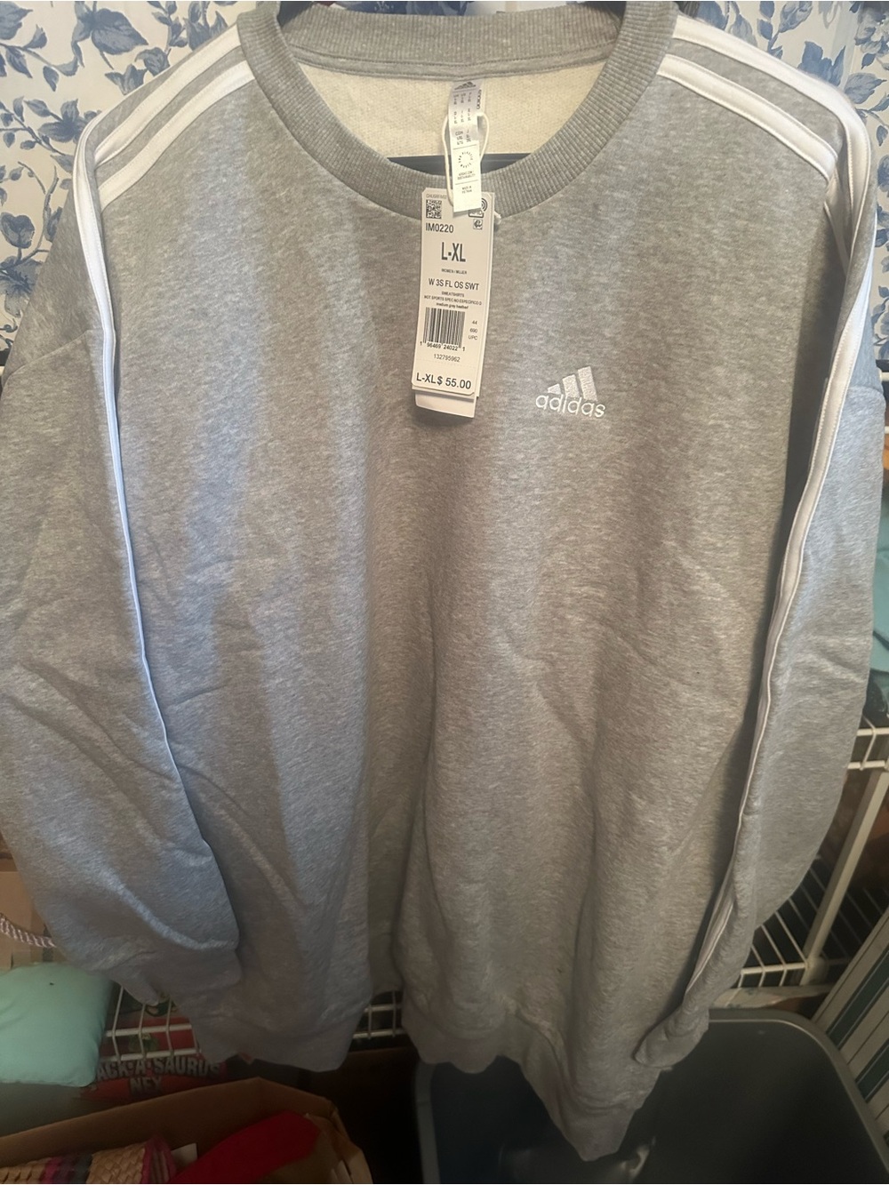 adidas Gray Crewneck Sweatshirt with White Stripes